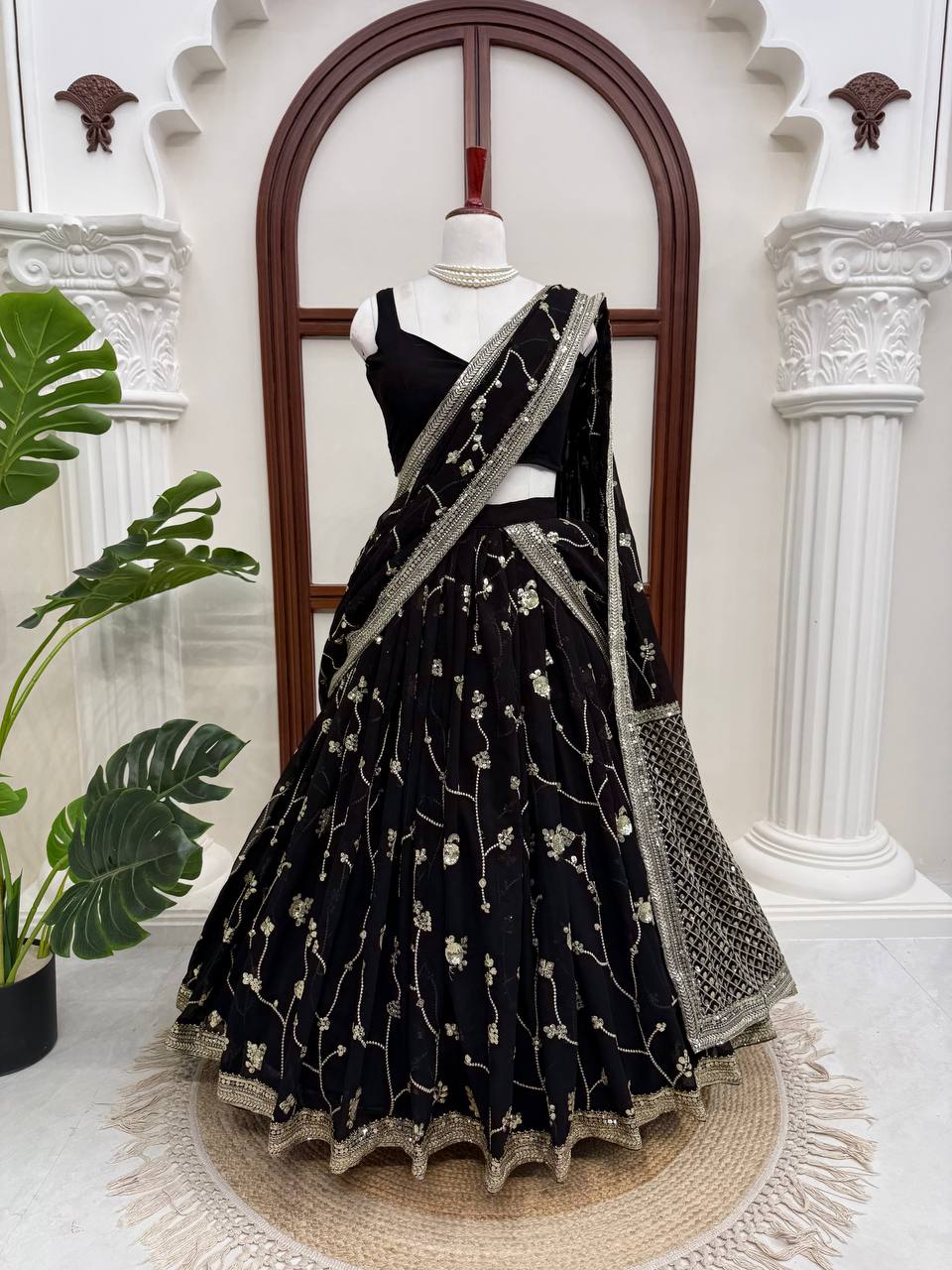 Midnight Black Georgette Lehenga Choli Adorned with Delicate Silver Floral Vine Embroidery and Scalloped Borders